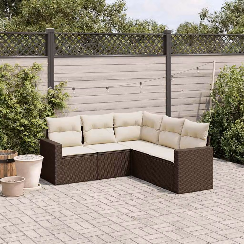 vidaXL Set Divano da Giardino a L 5 pz in Polyrattan Marrone con Cuscini Imbottiti e Rivestimenti Rimovibili – 1