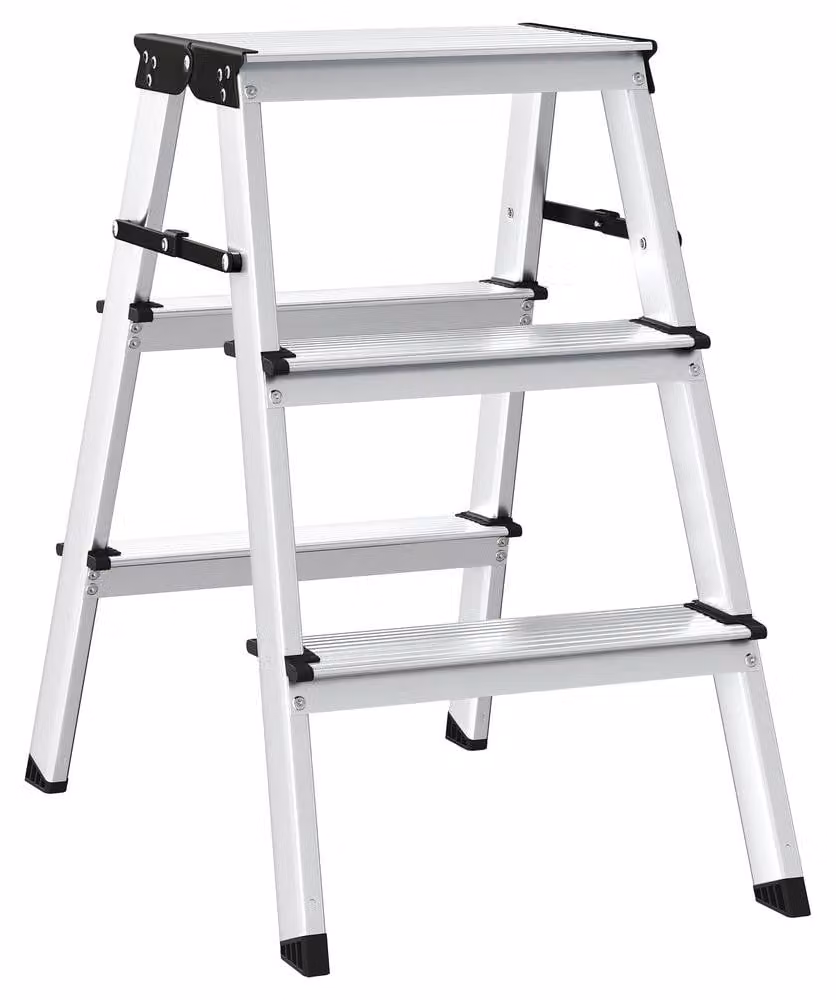 Scala pieghevole in alluminio con 3 gradini | Colore: argento e nero | Dimensioni: 44x59x62 cm
