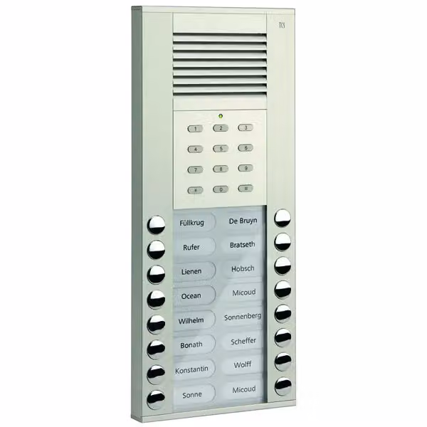 Pulsante di campanello per postazione esterna serie ASE 16 (allineato a destra/sinistra) con serratura a codice integrata, finitura argento AP TCS ASE51160-0010
