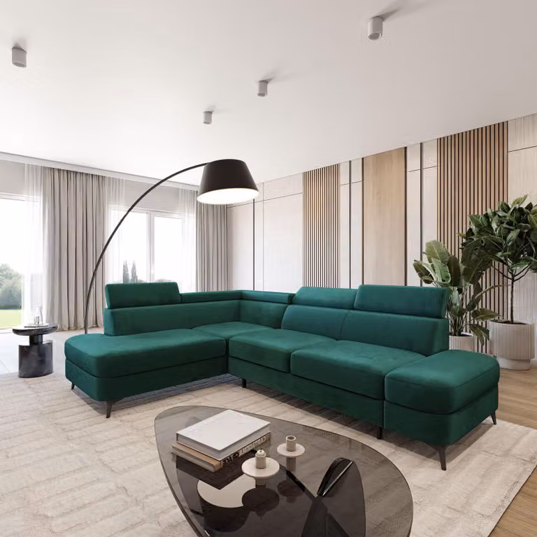 Divano ad angolo Masseno AVISE M L-S con funzione letto a L, divano con contenitore, divano da salotto, divano, divano letto, set divani - Verde, MONOLITH 37