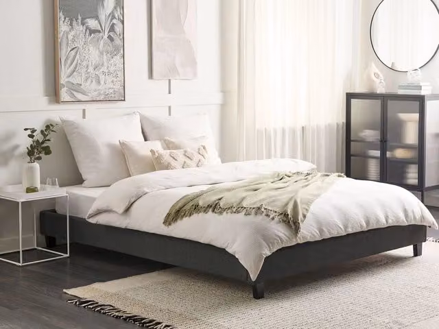 Letto Beliani in tessuto grigio con rete a doghe senza testiera L/P: 180 x 200 cm – 1