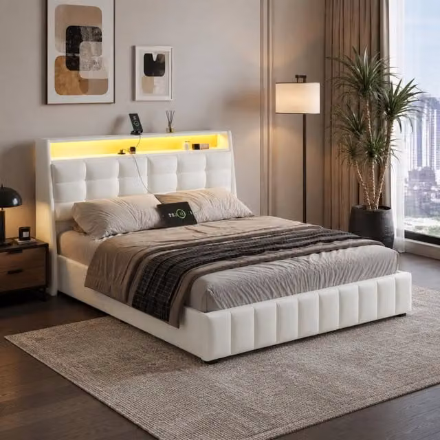 Letto imbottito 160x200 con LED; USB e vano contenitore; testiera regolabile in PU bianco