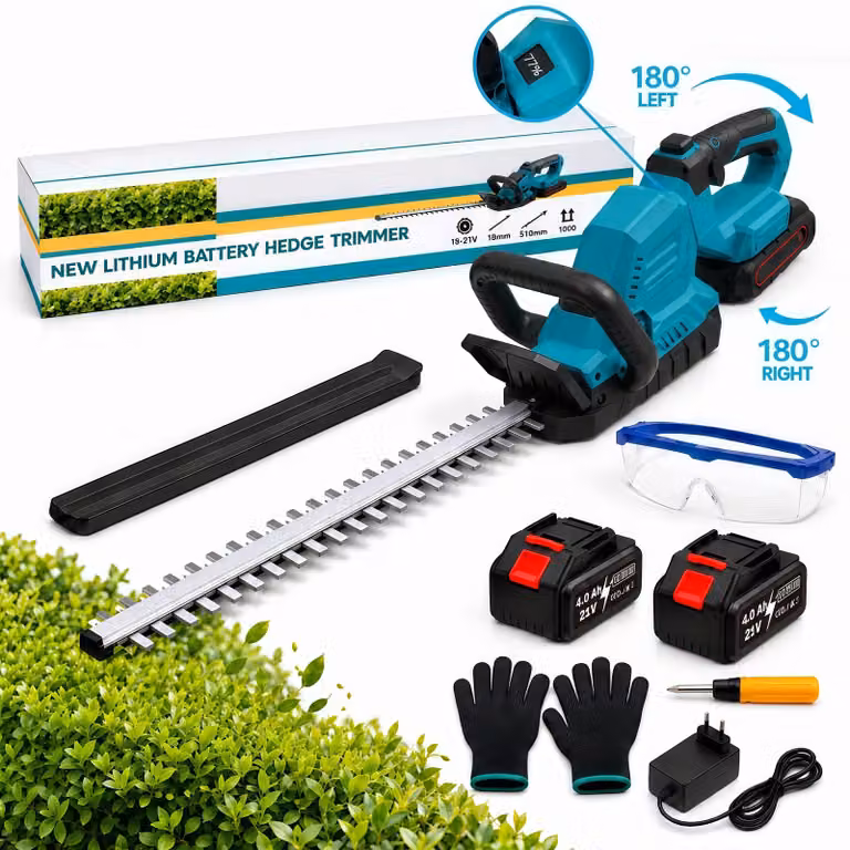 1500W Tagliasiepi a batteria 21V Brushless, lama da 52 cm, 2×4,0Ah batterie, impugnatura girevole a 360°, taglio fino a 26 mm