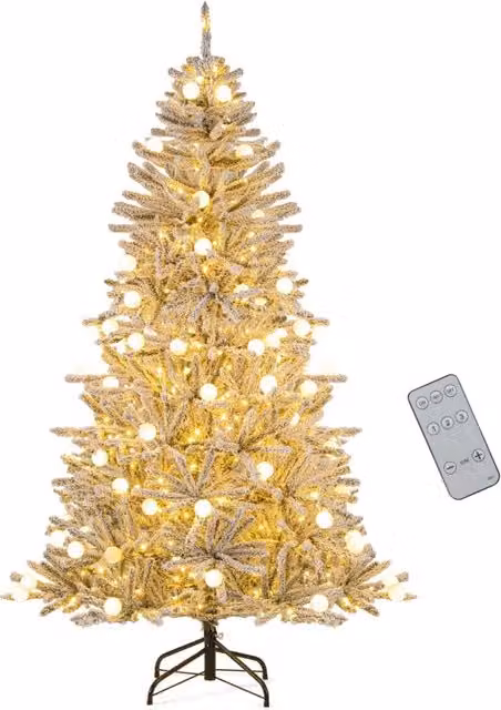 Albero di Natale artificiale innevato Argento con 250 luci LED bianche calde e 51 sfere luminose, Altezza: 180 cm