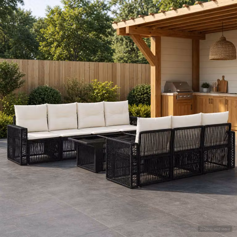 Set Divano da Giardino vidaXL 8 Pezzi in Polyrattan Nero e Bianco Crema con Tavolino e Cuscini Imbottiti