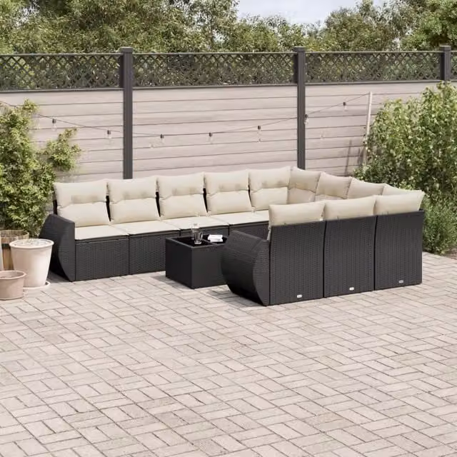 Set di Divani da Giardino a Forma di U vidaXL in Polyrattan Nero con Cuscini e Tavolino da Esterno – 1