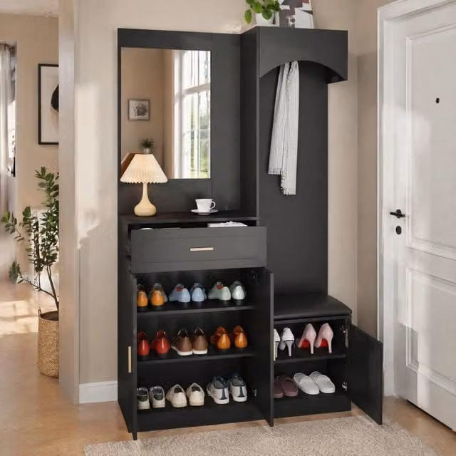 Guardaroba compatto con specchio; scarpiera e panca 110x33x185;5 cm in MDF nero