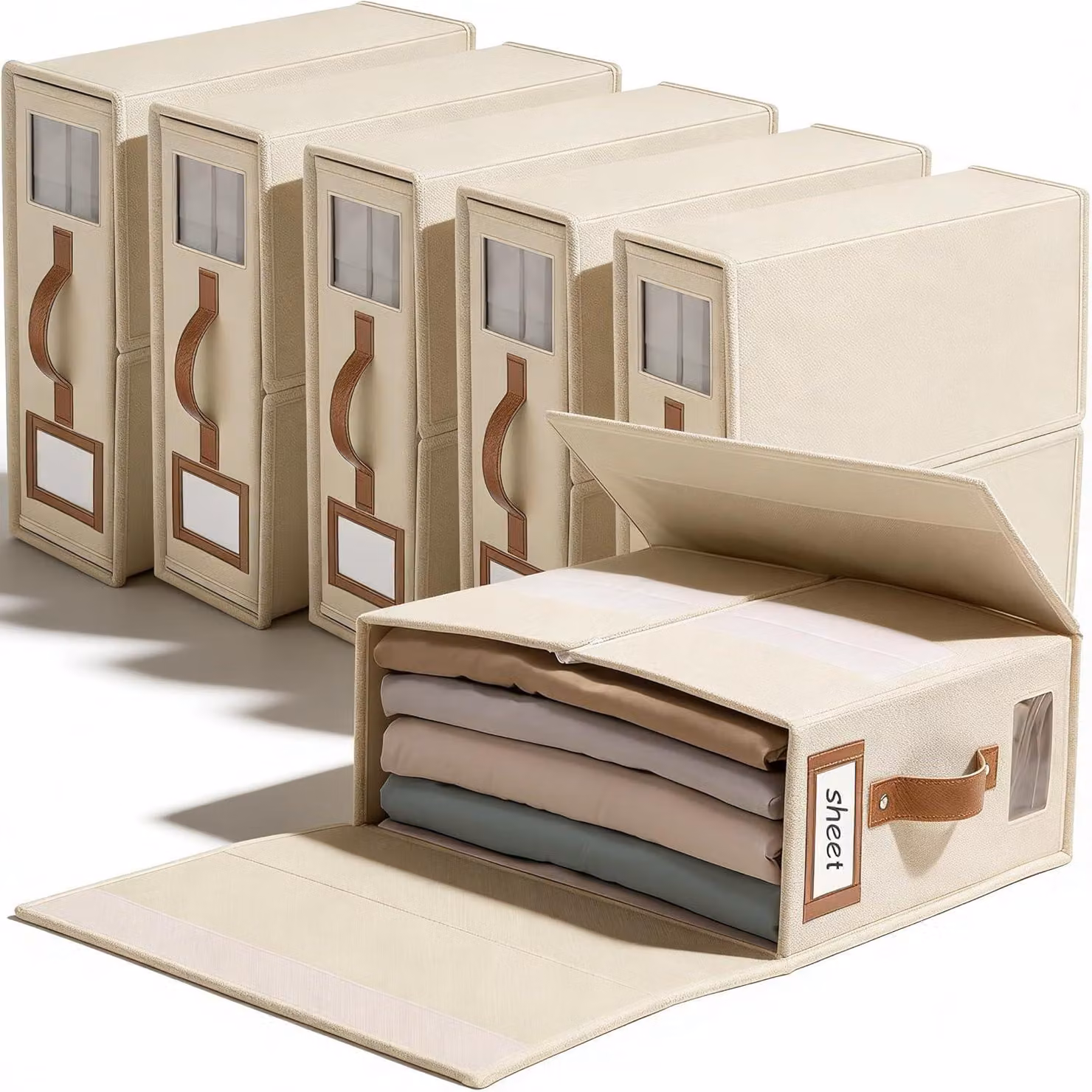 Set di 6 organizer per lenzuola, in lino, per lenzuola matrimoniali, contenitori di stoccaggio con finestra trasparente