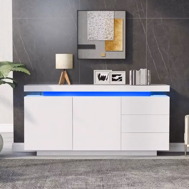 Credenza moderna Vovees Living bianca lucida con illuminazione LED integrata, mobile buffet con 2 ante e 3 cassetti, L: 140 cm