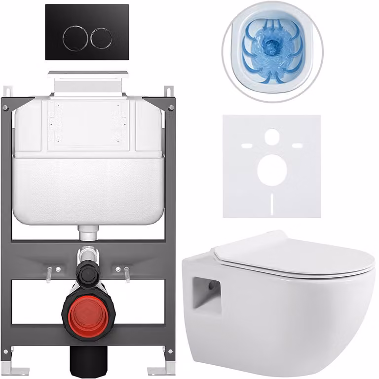 Set completo per WC sospeso Dure - bianco lucido - pulsante Prime/Duoalo, nero - comando superiore - installazione a parete/cartongesso - 51x35 cm