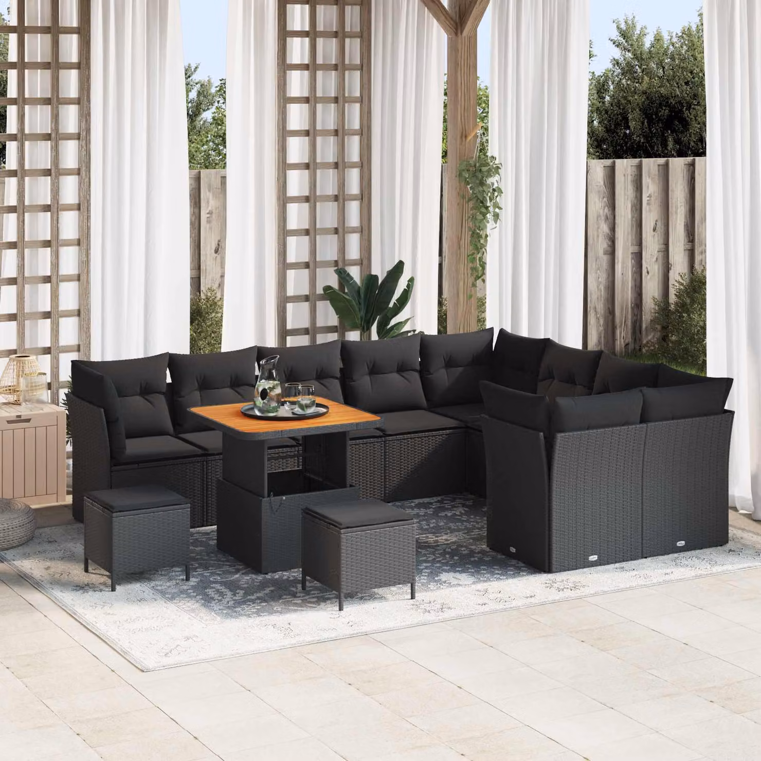 Set Divano da Giardino vidaXL 12 Pezzi a Forma di U in Polyrattan Nero con Cuscini e Tavolino da Caffè – 1