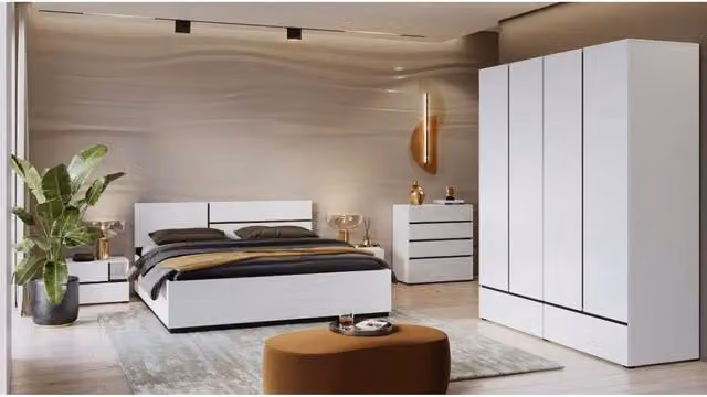 Camera da letto completa Meublorama HAVANA in bianco e nero con letto contenitore 160x200 cm, armadio a 4 ante, comodini e cassettiera – 1
