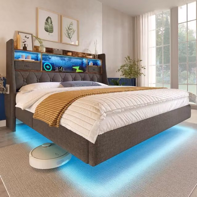 Letto Imbottito Contenitore 140x190 con LED e Testiera ¨C Xylo ¨C Grigio, Tessuto, Rete a Doghe