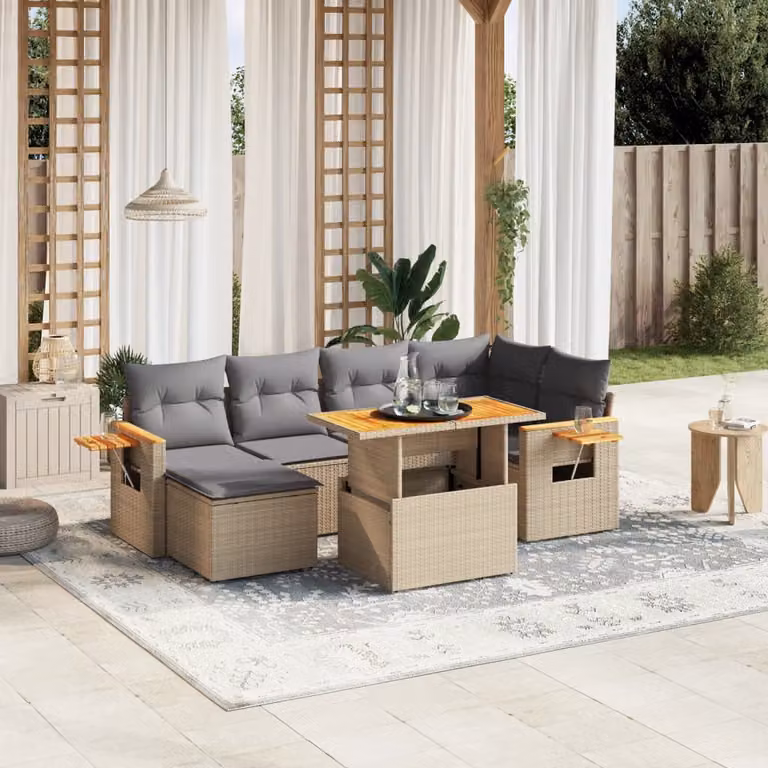 vidaXL Set Divani da Giardino 7 pz in Polyrattan con Cuscini Beige e Tavolino da Esterno