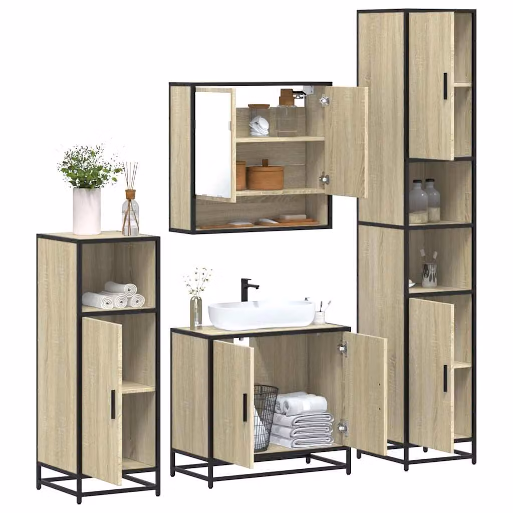 Set di mobili da bagno vidaXL 4 pezzi in stile industriale, colore marrone e beige, con armadietto specchio, mobile lavabo, mobile laterale e colonna alta, in legno e MDF