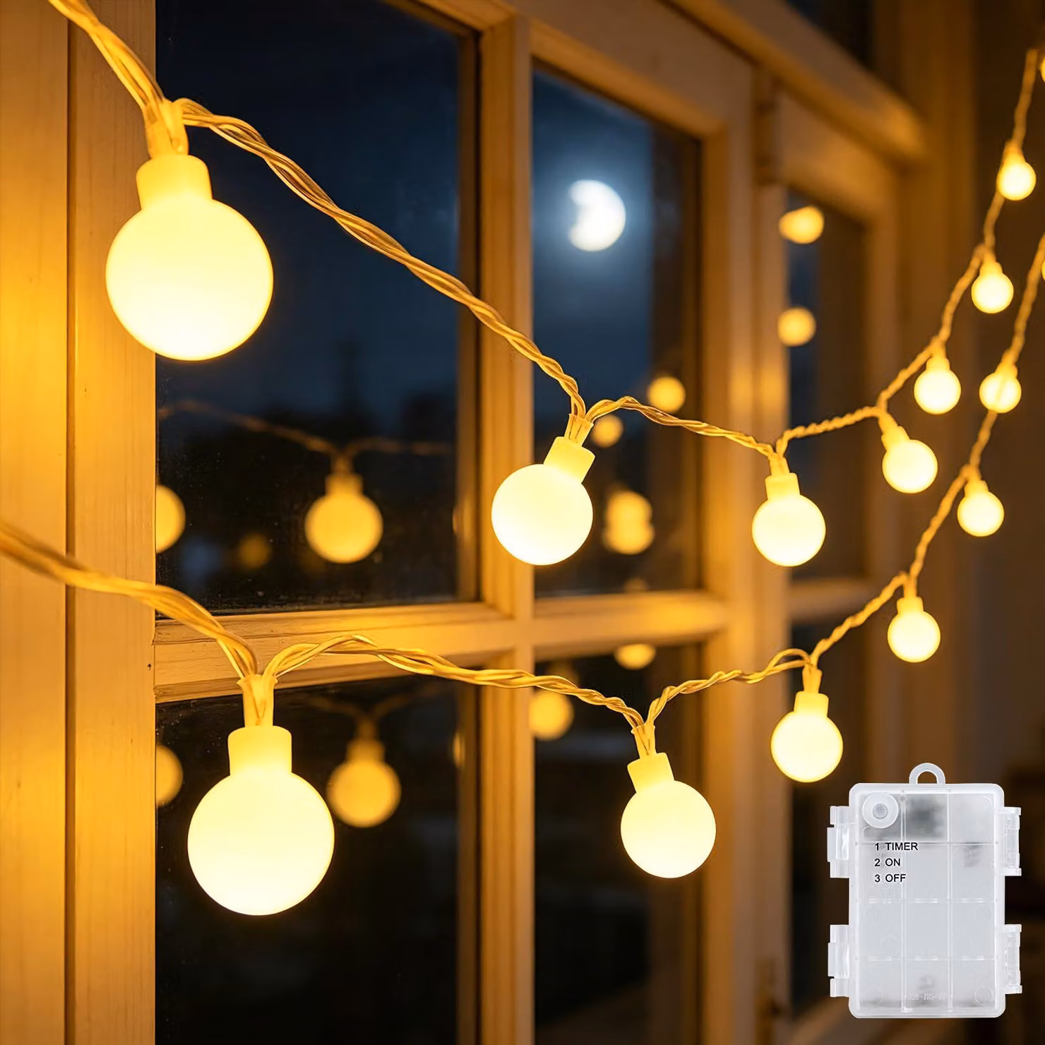 Catena luminosa da 6 metri, con 40 LED bianco caldo, alimentata a batteria, grado di protezione IP65, con timer