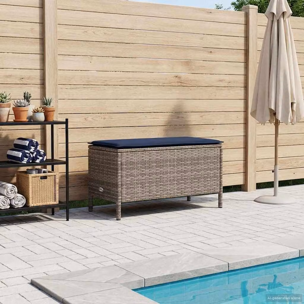 Poggiapiedi da giardino vidaXL in rattan grigio e blu con cuscini inclusi L/P/H: 80 x 38 x 42 cm