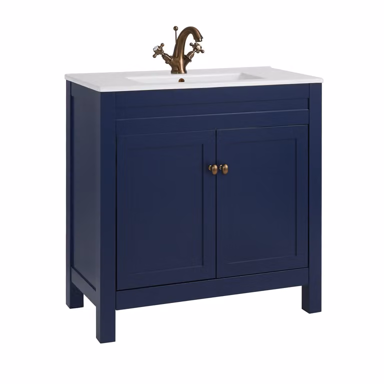 Mobile Bagno Blu Marino da 810mm con Lavabo e Maniglia Classica Rotonda in Rame Satinato - Warwick