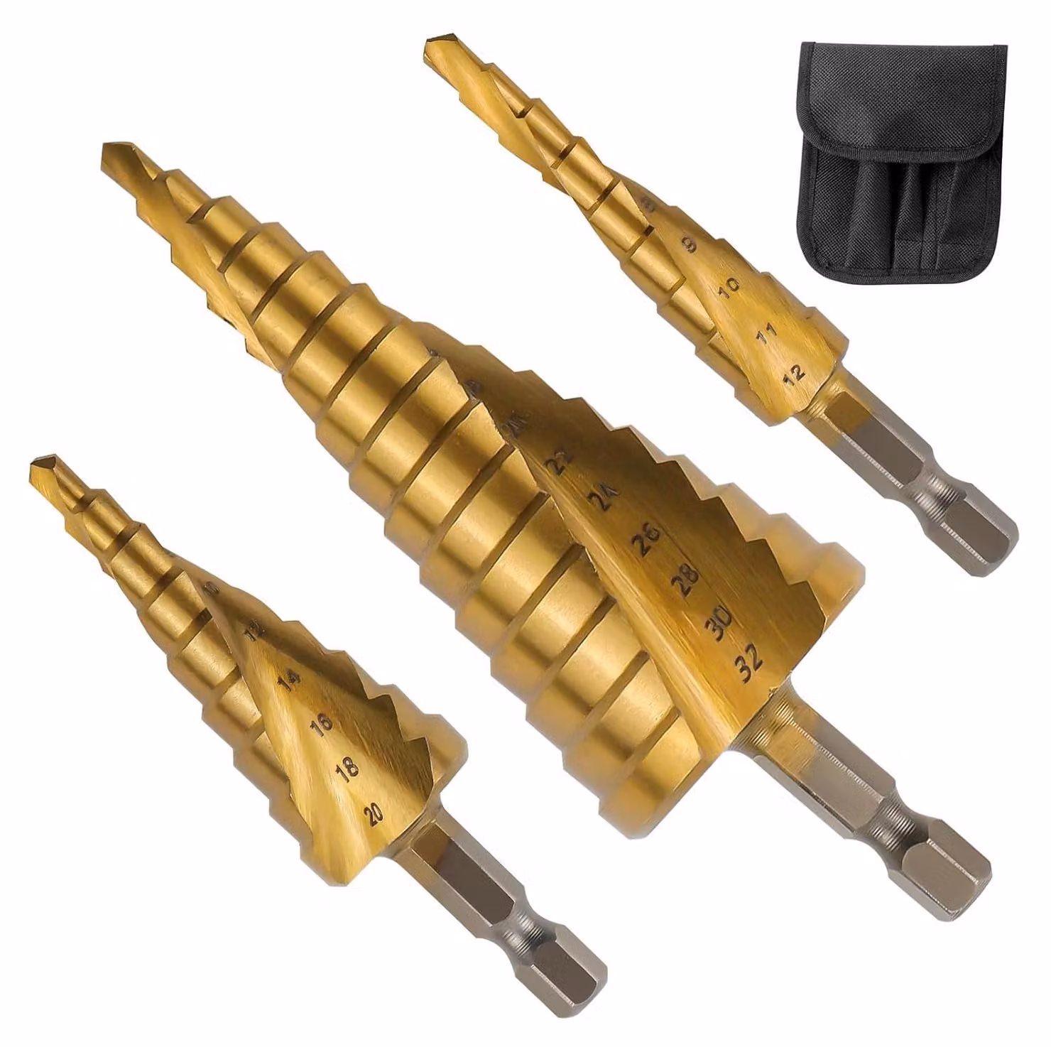 Set di punte da trapano a gradoni, composto da 3 punte, con rivestimento in titanio, dimensioni 4-12/20/32 mm, adatte per metallo e legno