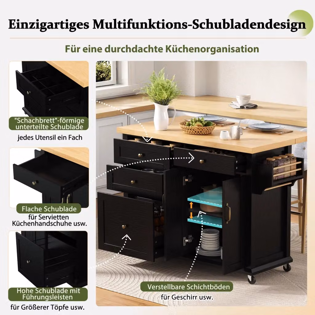 Carrello da cucina moderno OKWISH in MDF nero opaco con piano estraibile, 2 ante e cassetti, L/P/H: 107 x 45 x 90,5 cm – 2