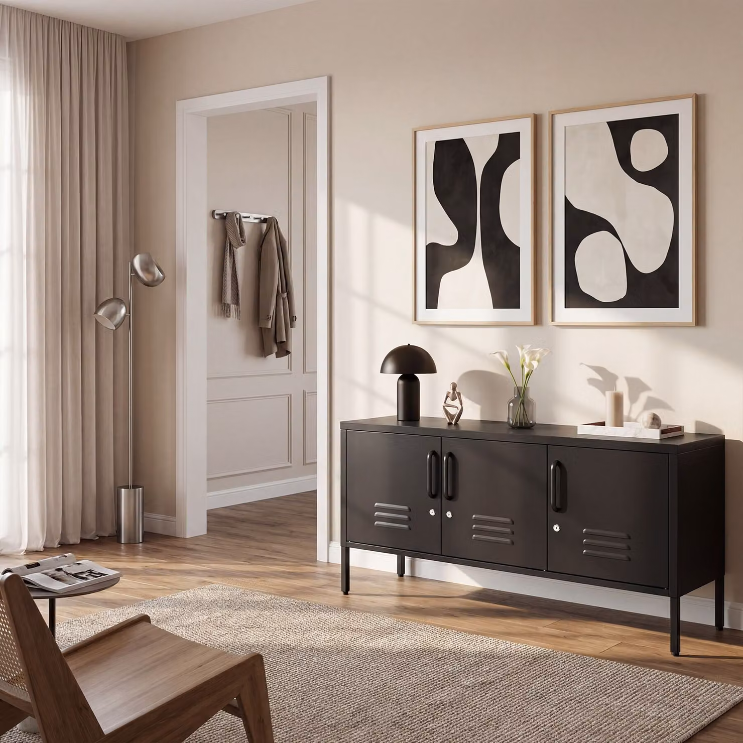 Credenza minimalista tectake in metallo e plastica, nero opaco, L: 120,0 cm, P: 37,5 cm, H: 55,5 cm – 2