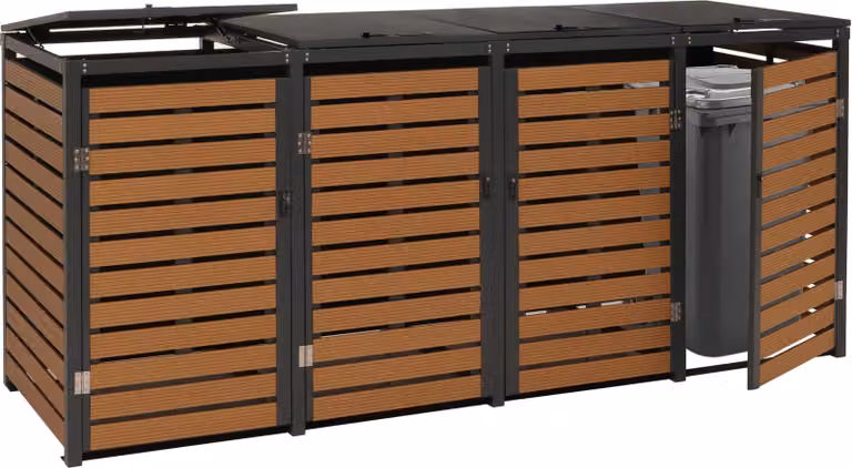 contenitore per 4 cassonetti HWC-K14, coperchio per cassonetti, 119x264x84cm WPC metallo 130kg ~ look teak