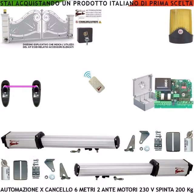 Automazione Cancello 6 Metri 2 Ante da 3 MT Kit Motori Elettromeccanici 230 V Corsa 500 mm Spinta 2 Quintali Staffe Radiocomando Coppia Fotocellule Selettore 2 Chiavi Faro Movimenti Cartello Monitore