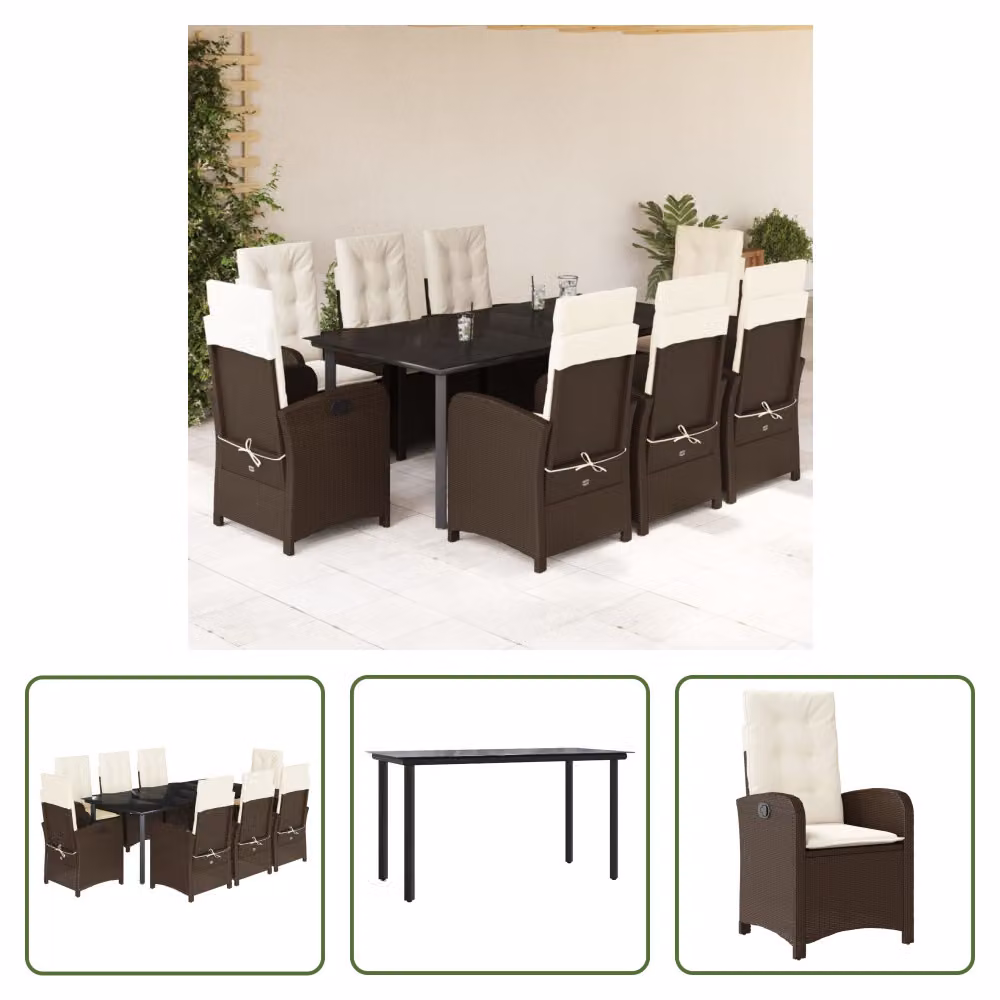 The Living Store Set da pranzo da giardino 9 pezzi con cuscini in polirattan marrone