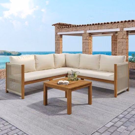 Mobili da giardino, panca angolare + tavolino da divano, struttura in legno di acacia, piano del tavolo in legno di acacia, corda intrecciata, adatti per il giardino, beige