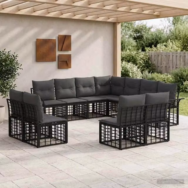 Set di divani da esterno 11 pz Nero e Grigio scuro Poliestere 3437711