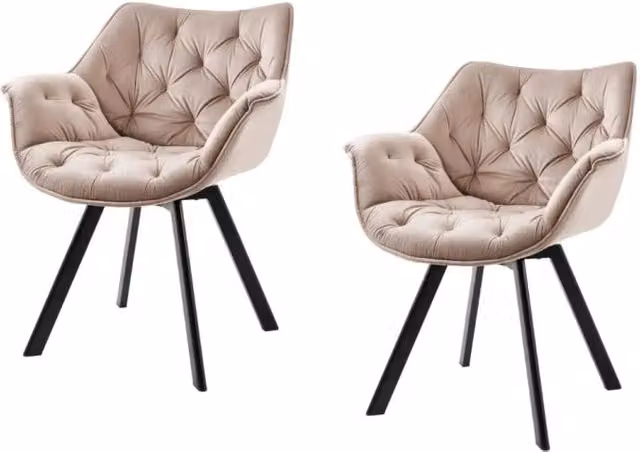 Set di 2 sedie design COMFY girevoli a 180° in velluto beige champagne trapuntato e con gambe nere
