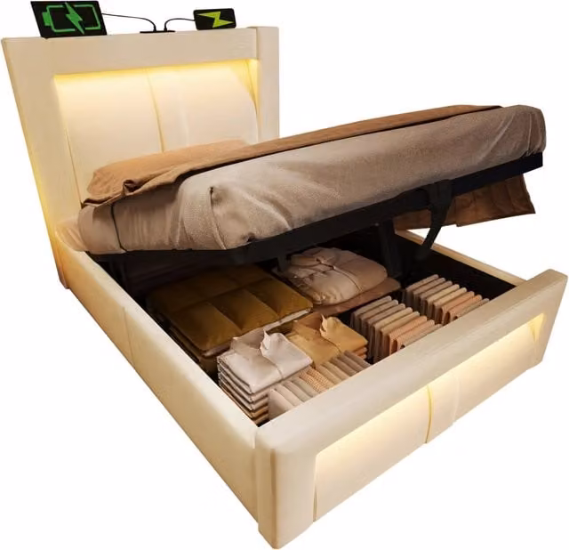 Letto singolo contenitore 90x200 cm in velluto beige con LED; porte USB e materasso incluso