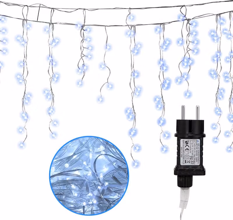 Jopassy 10m LED pioggia di ghiaccio fata luci all'aperto indoor 200 LED decorazione LED ghiacciolo 8 modalità con spina festa di Natale giardino IP44 bianco freddo