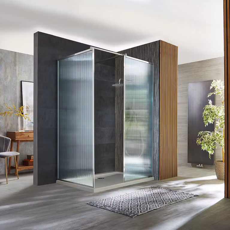 Box Doccia Walk-In Angolare Vetro Scanalato Telaio Cromato Piatto 1100x700mm
