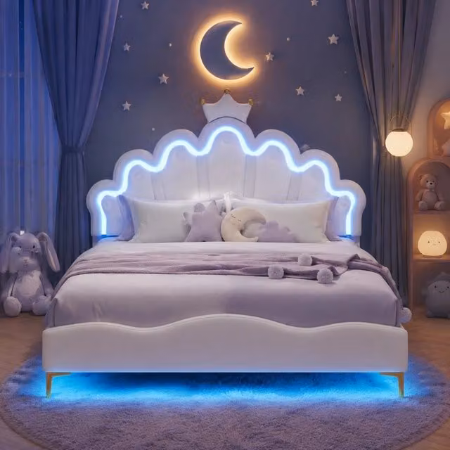 Letto matrimoniale 140x200 cm bianco in similpelle PU; LED regolabili