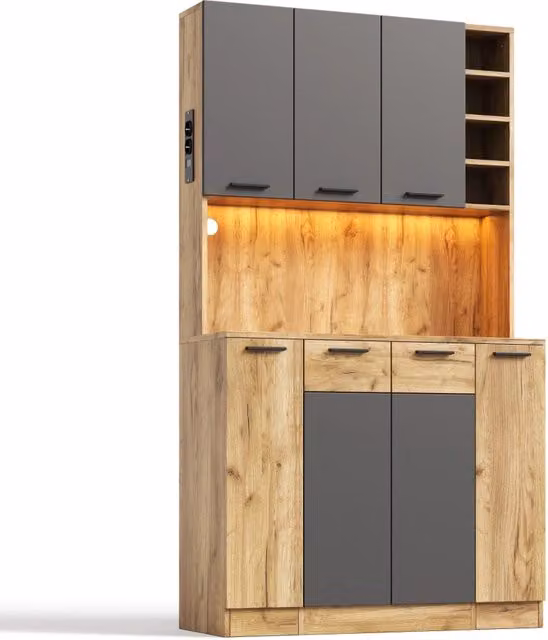 Mobile da cucina alto con LED RGB, prese integrate e scaffale estraibile verticale, 180x100x40 cm, MDF, colore legno naturale