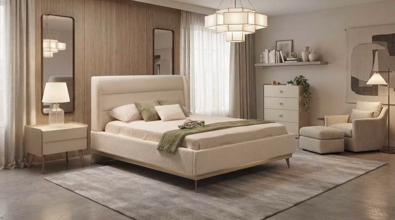 Set per camera da letto beige, moderno, letto, comodino, cassettiera
