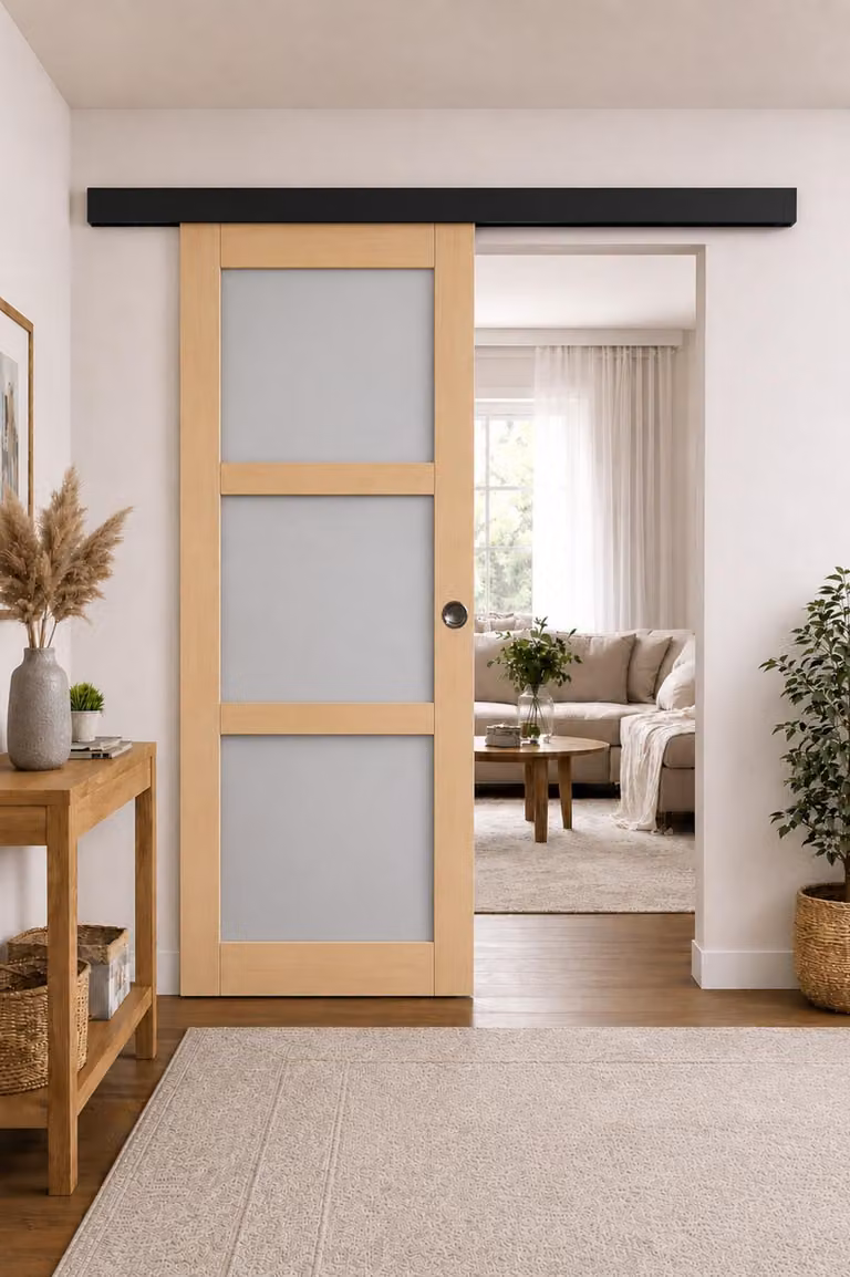 Porta scorrevole Ayous a 3 pannelli grigio chiaro H204 x L83 cm, binario in alluminio con banda nera, conchiglie GD MENUISERIES