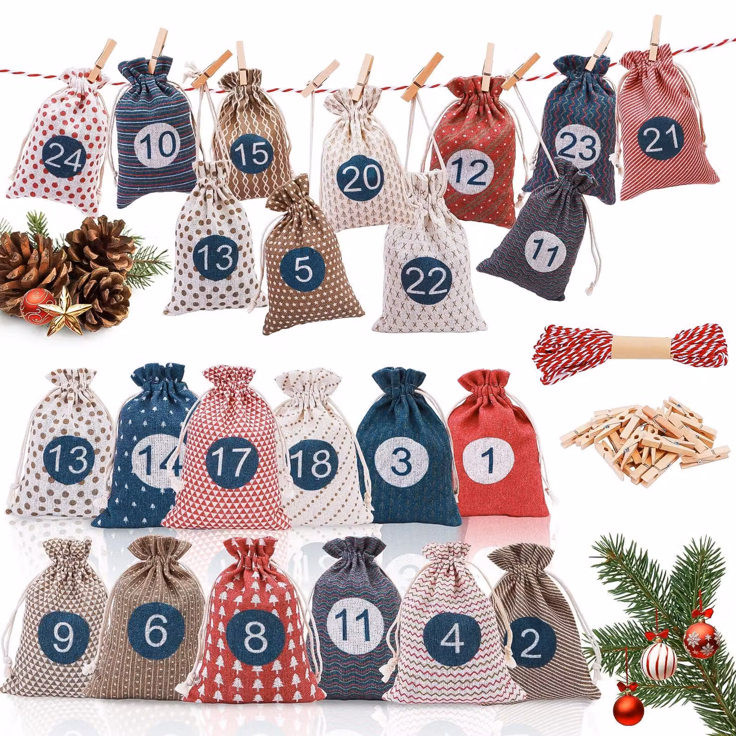 Calendario dell'Avvento da riempire, multicolore, dimensioni 10x15,5 cm, riutilizzabile