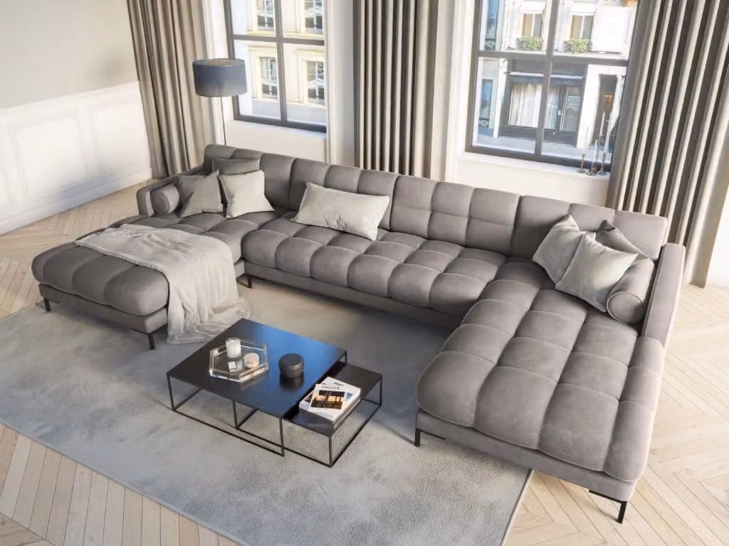 Divano panoramico Bali Cosmopolitan Design a 7 posti in velluto grigio chiaro con configurazione a L e seduta sinistra L/P/H: 383 x 185 x 75 cm – 2