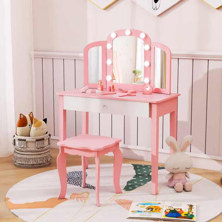 Set tavolo da trucco Costway per bambine con specchio a tre pieghe e luci LED, include sgabello in legno, colore rosa