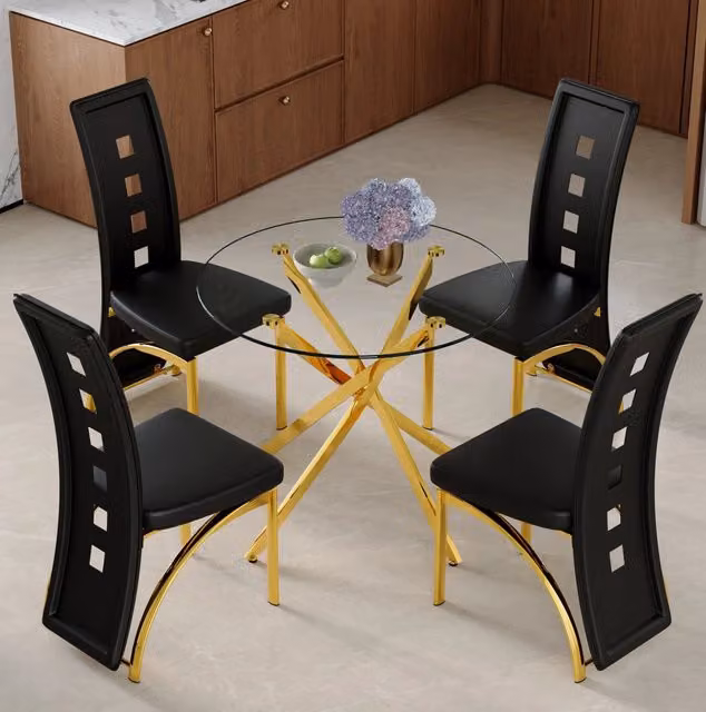 Set tavolo e sedie rotondo 88 cm in vetro temperato nero e oro per 4