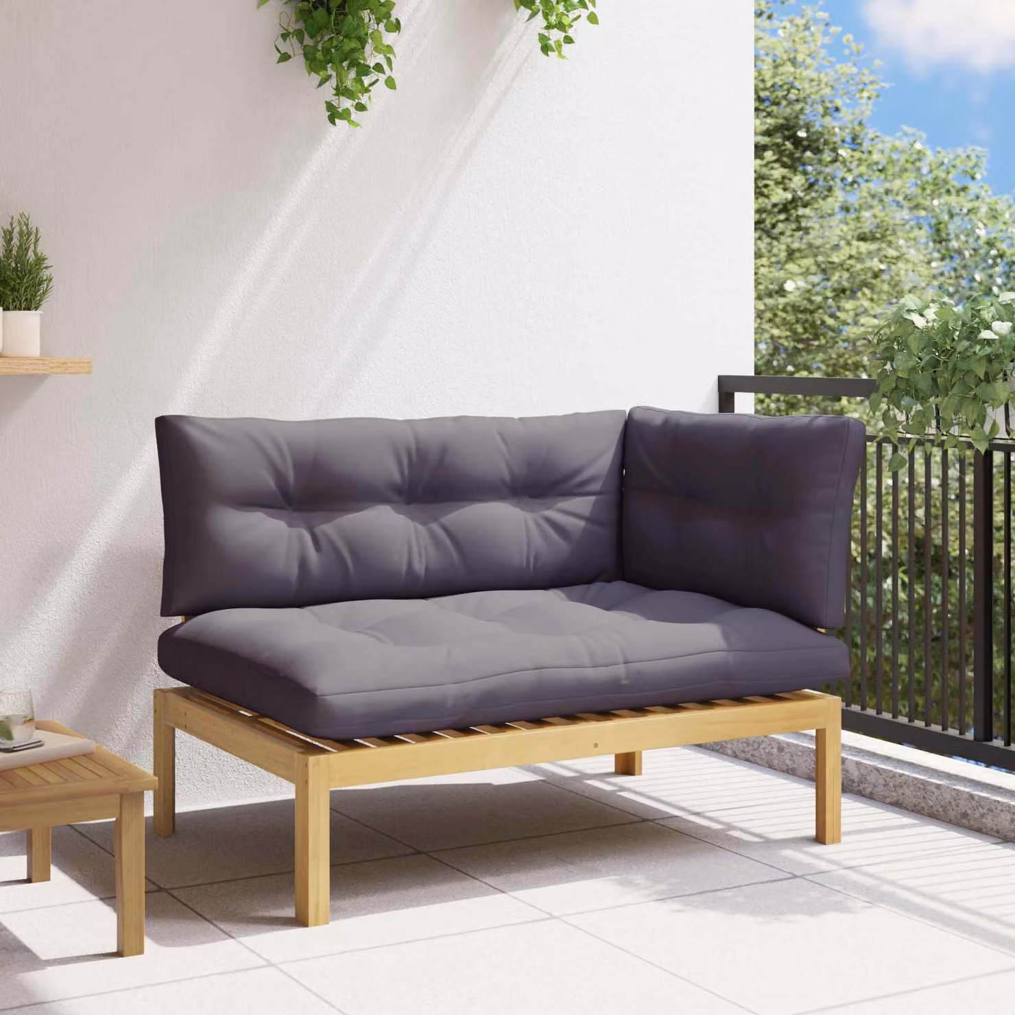 vidaXL Divano Angolare in Legno di Acacia e Tessuto Beige e Grigio con Struttura in Legno Massiccio e Design Rustico L/P/H: 132 x 82 x 92 cm