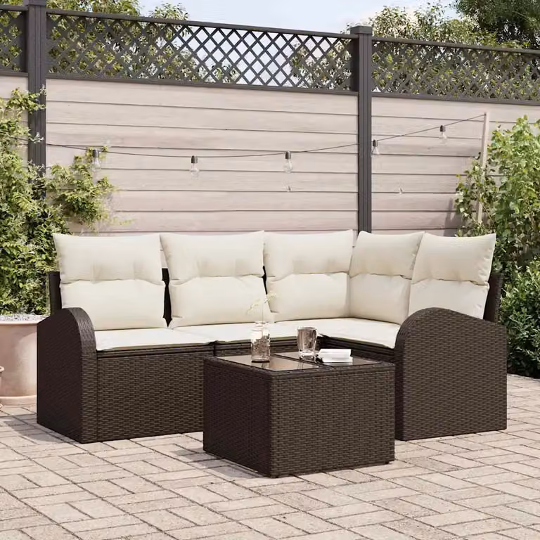Set Divano da Giardino a L con Tavolino vidaXL Marrone con Cuscini e Struttura in Metallo