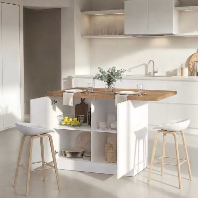 Isola da cucina DMORA Miha con 2 ripiani e ante a battente, Bianco e Marrone Lucido, L: 130 cm, P: 80 cm, H: 90 cm – 1