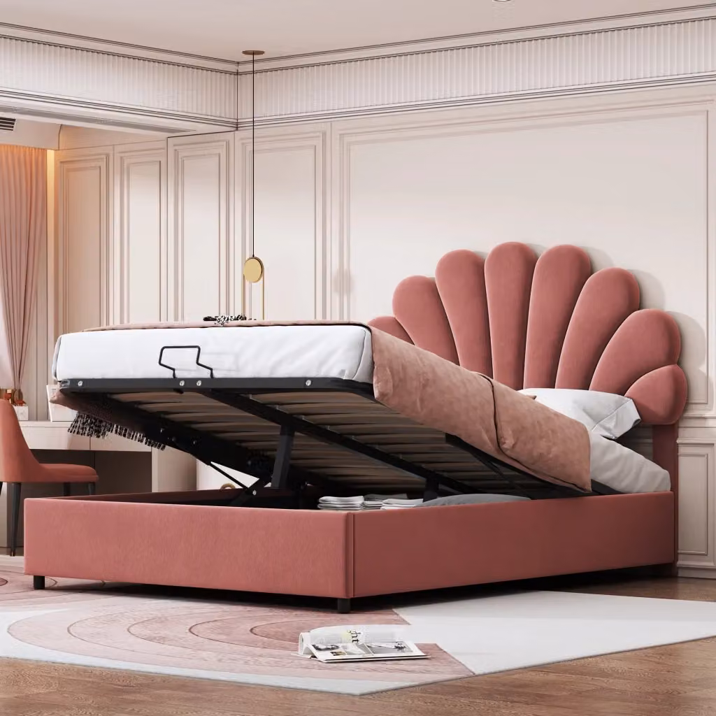Letto contenitore matrimoniale OKWISH con testiera floreale in velluto rosa e sistema di sollevamento idraulico, L: 140 cm, P: 200 cm, H: 119 cm – 2