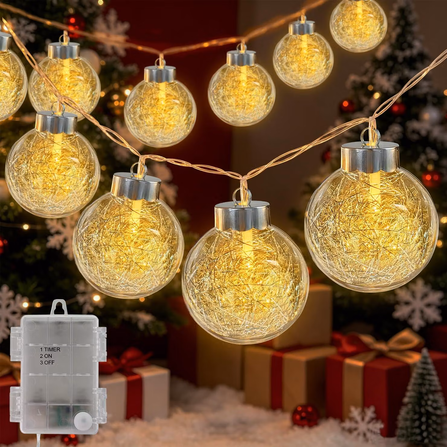 Catena luminosa a LED con 10 sfere, lunghezza 3,35 metri, con timer, luce bianco caldo