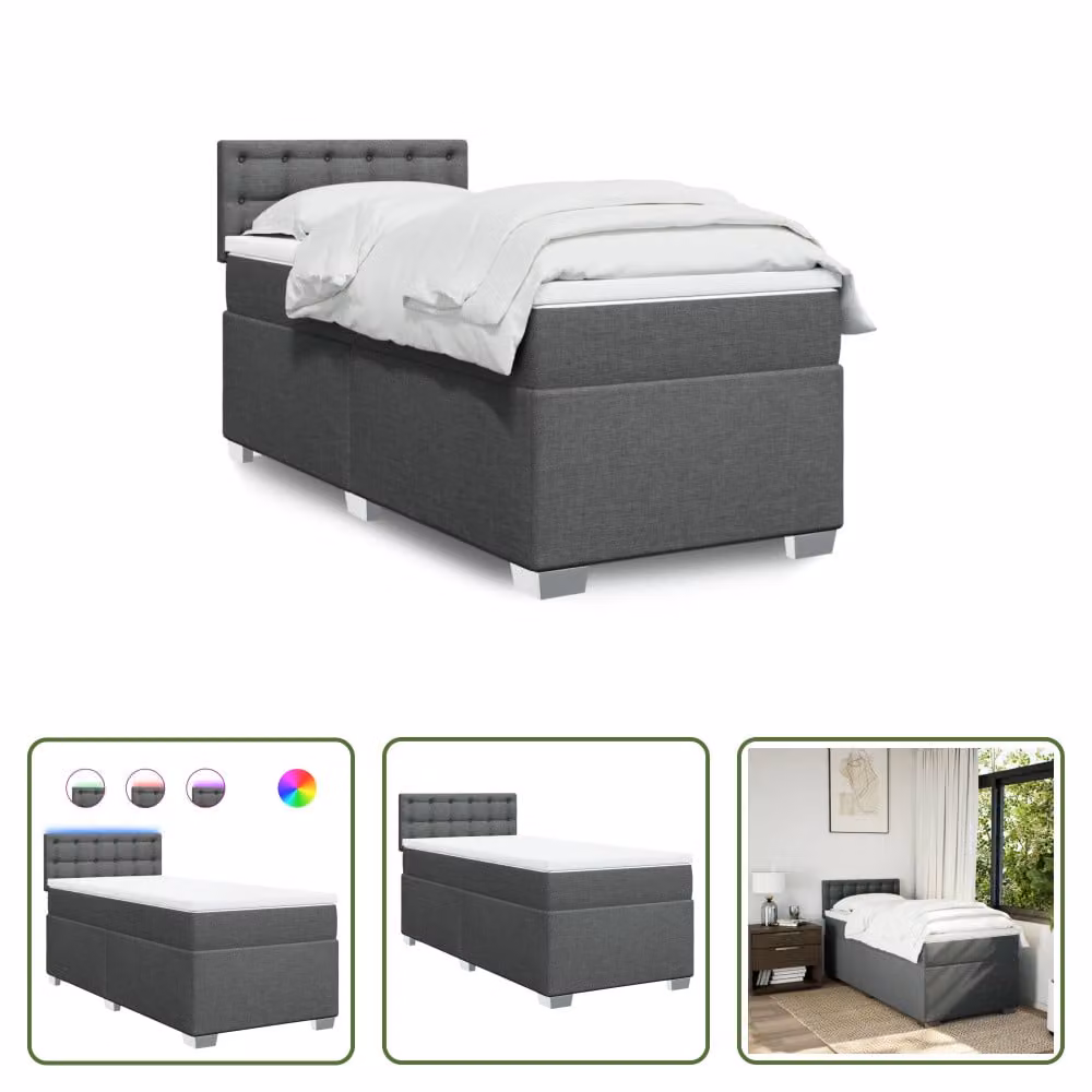 The Living Store Letto a molle con materasso grigio scuro 80x200 cm in tessuto