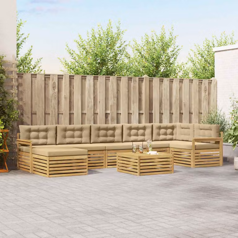 Set di divani da esterno vidaXL a forma di L in legno di acacia con cuscini, bianco e beige