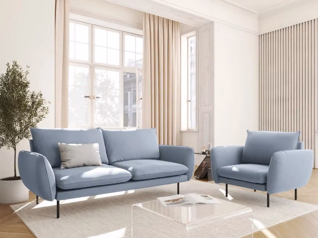 Divano 2 posti Vienna di Cosmopolitan Design in velluto azzurro con struttura in metallo – 2